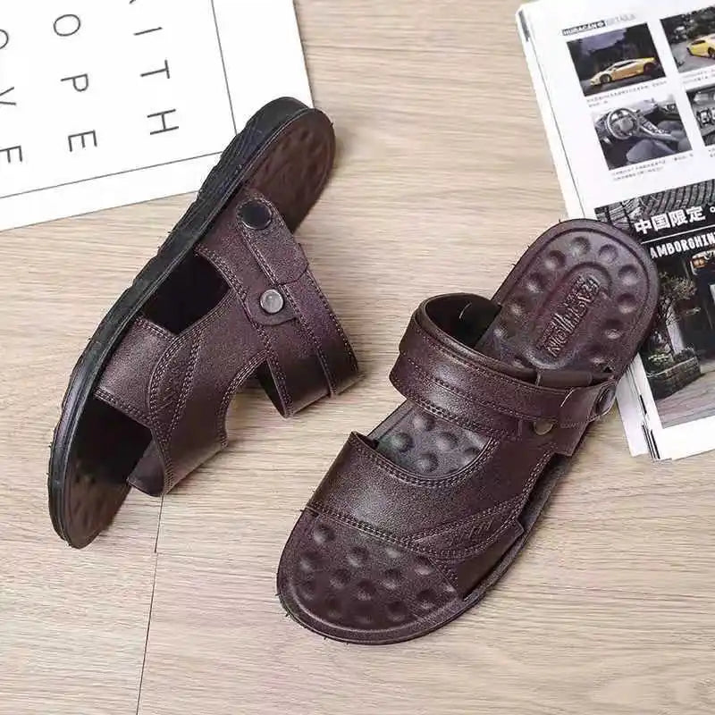 Custom Logo Mens PU Leather Sandals Comfortable Outdoor Beach Sandal Shoes Outdoor Casual Sandals