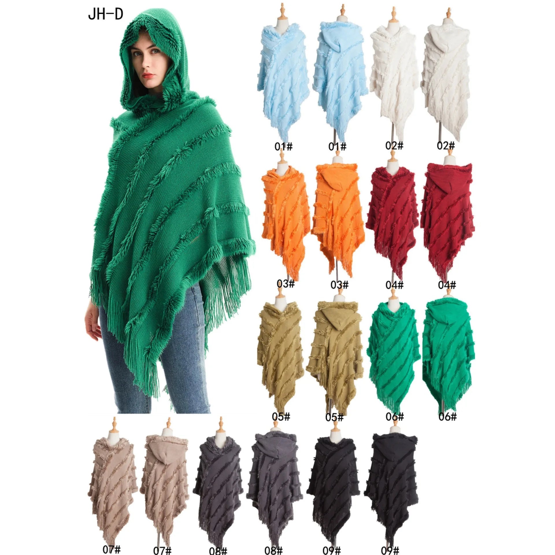 Landfond Accessory Ladies' Hooded Cape With Fringed Hem Crochet Poncho Knitting Poncho