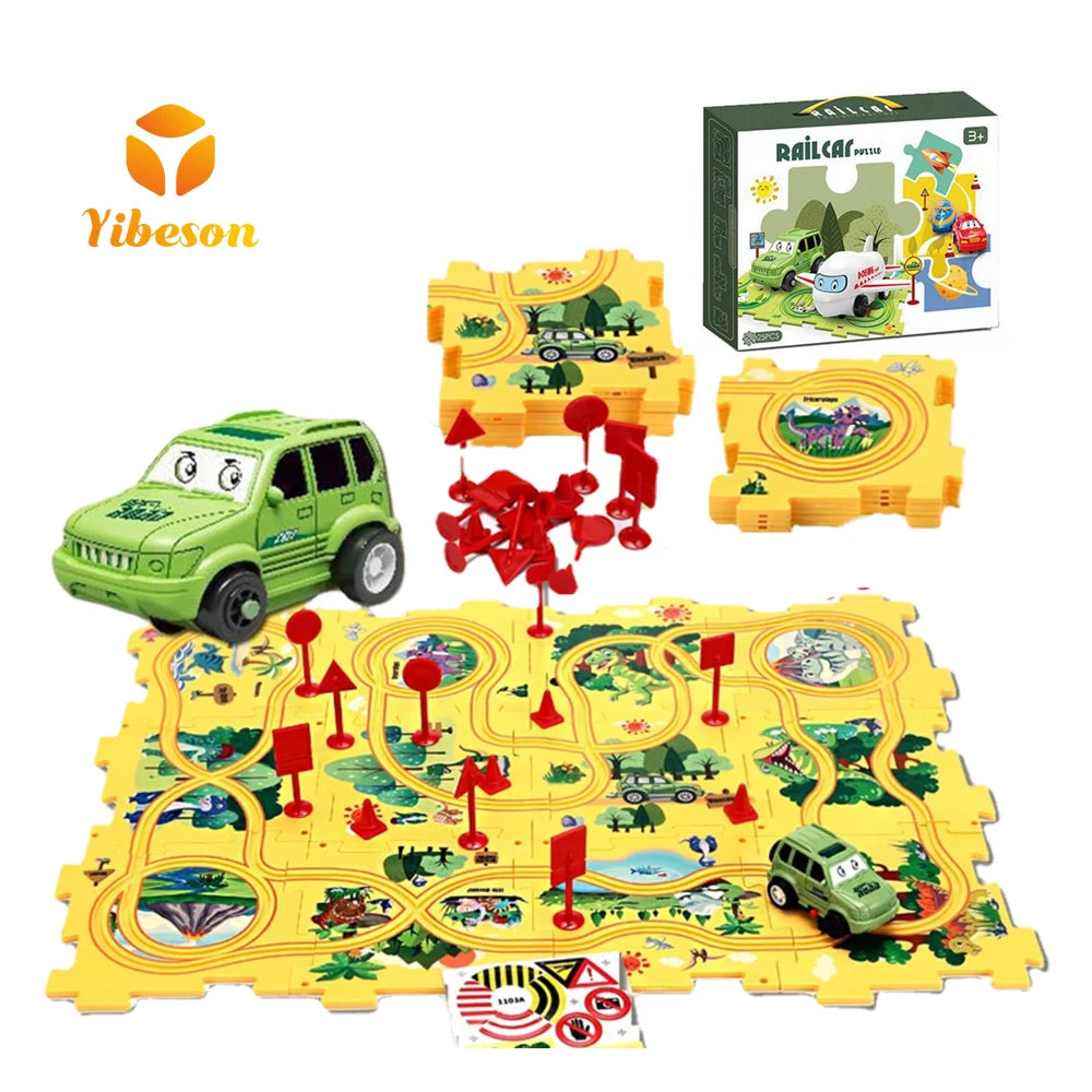 Birthday Gift Kids DIY Assembly Dinosaur Adventure Theme Sliding Rail Car Toy Puzzle Track Vehicle Set