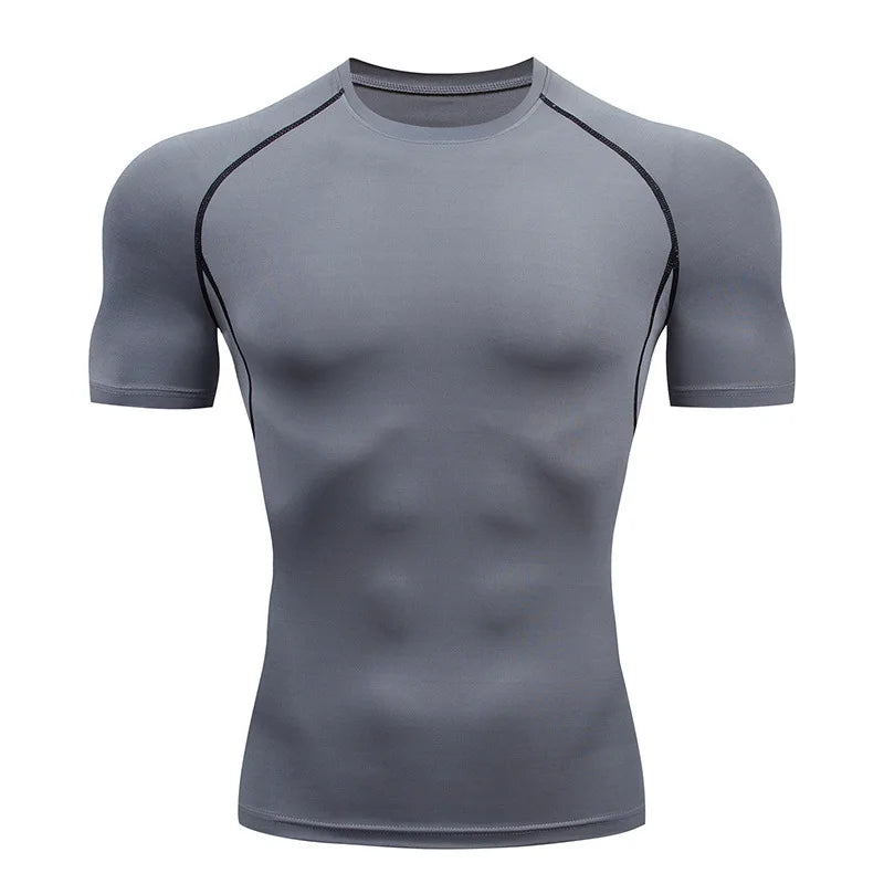 Men's Fitness Short Sleeve Sports Running Tight Round Neck T-Shirt Basketball Football Compression Quick Dryer White Red