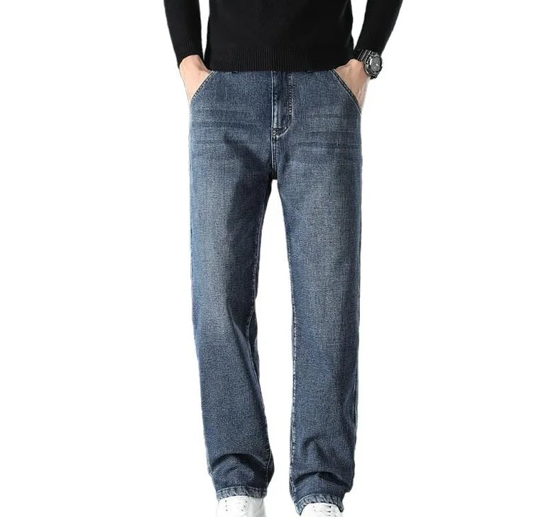 High-End Trendy Brand Men's Straight Casual Pants Spring Autumn Patchwork Breathable Jeans with Elastic Waist Mid Washed Denim