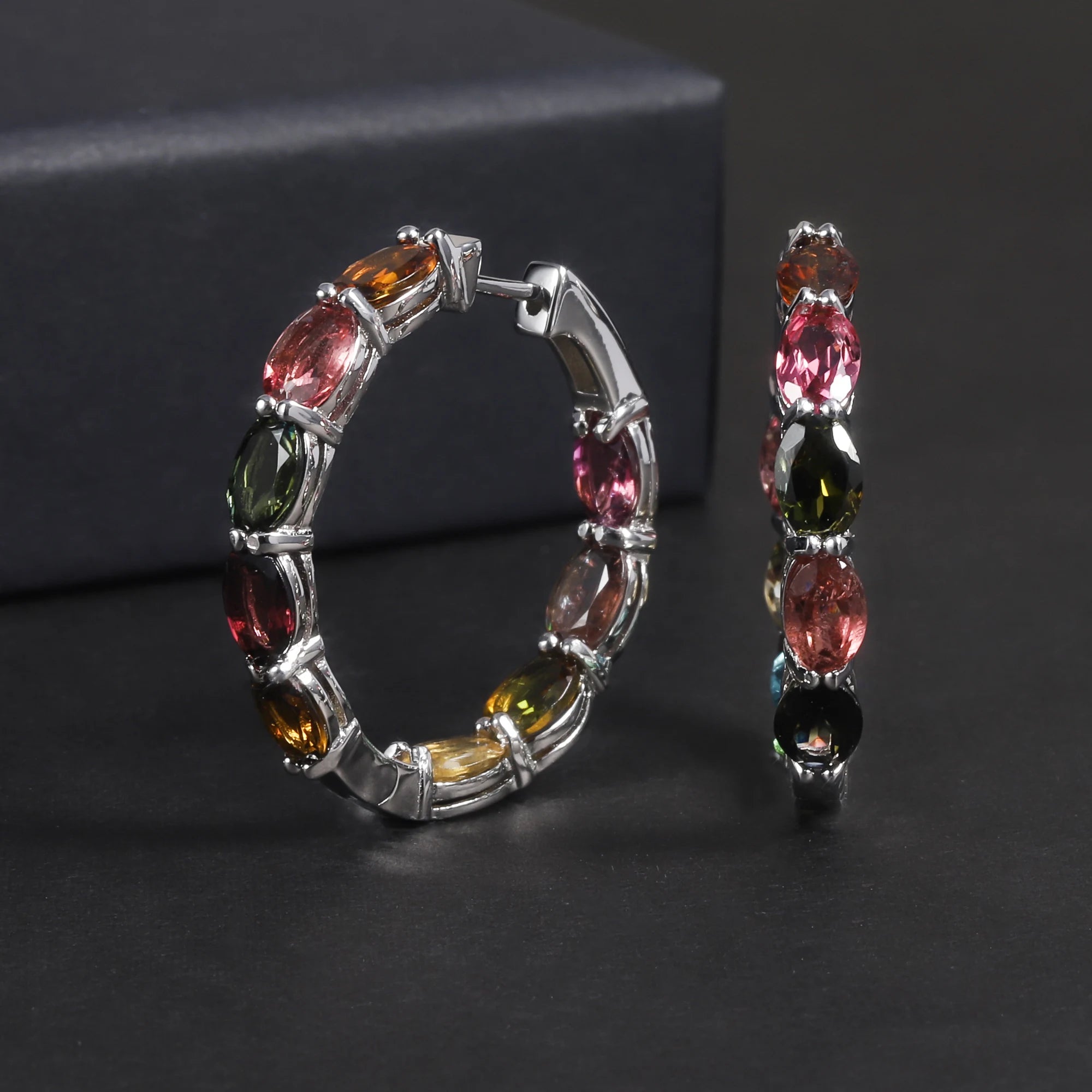 RZ0011 Abiding Fine Jewellery 2024 Women 4x6mm Colorful Stone Tourmaline 925 Sterling Silver Natural Gemstone Hoop Earrings