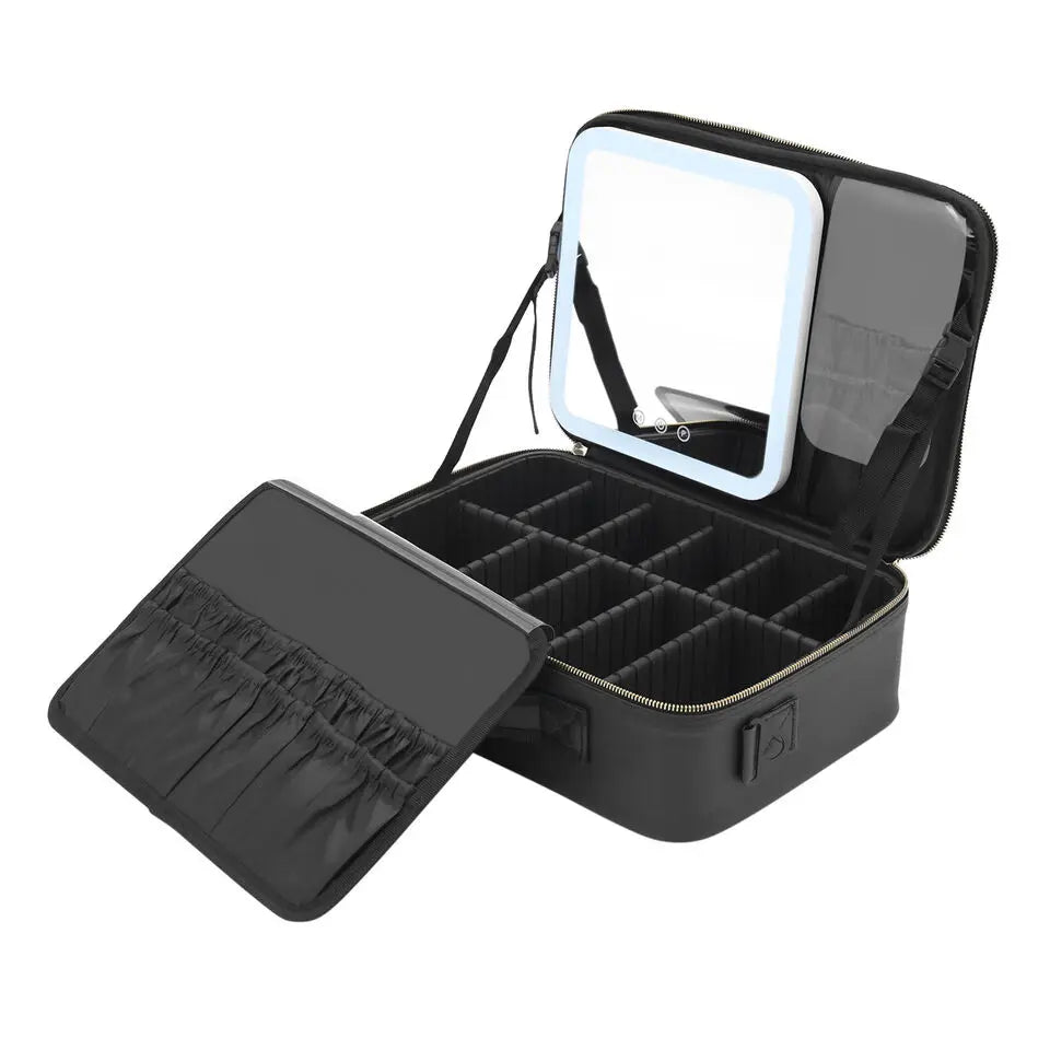 Fashionable PU Train Case with Zipper Closure Candy Pattern Travel Makeup Storage Bag with Mirror Lights Cosmetic Bag