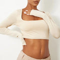 L230171 Factory Wholesale Basic Slinky Women Crop Top High Stretch Square Neck Long Sleeve Design Cropped Length Women Crop Top