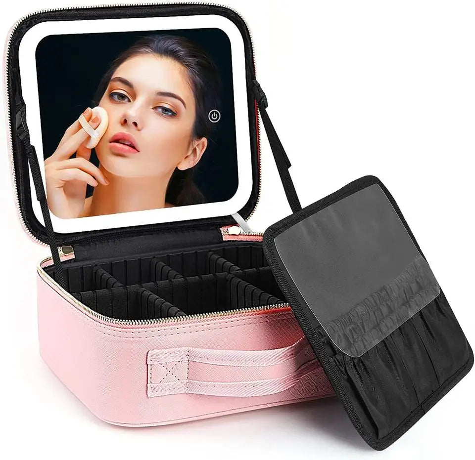 2024 New Style Portable Makeup Bag with Led Mirror With Zipper Led Makeup Bag Travel Organizer
