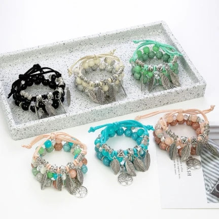 Fashion Boho Owl  Crackle Bead  Jewelry Stackable Four Leaf Pendant Braided Bracelet Women for Gift