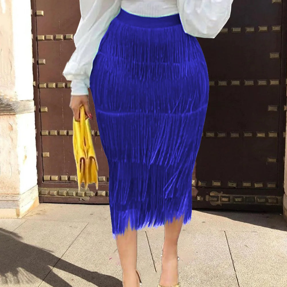Wholesale Custom Solid Office Ladies Skirts High Waist Stretch Tassel Womens Skirts Sexy Midi Fringe Skirt