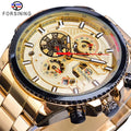 Top Clock Forsining Three Eye Six Needle Calendar Steel Band Men Mechanical Automatic Wristwatches Waterproof Sport Man Clock