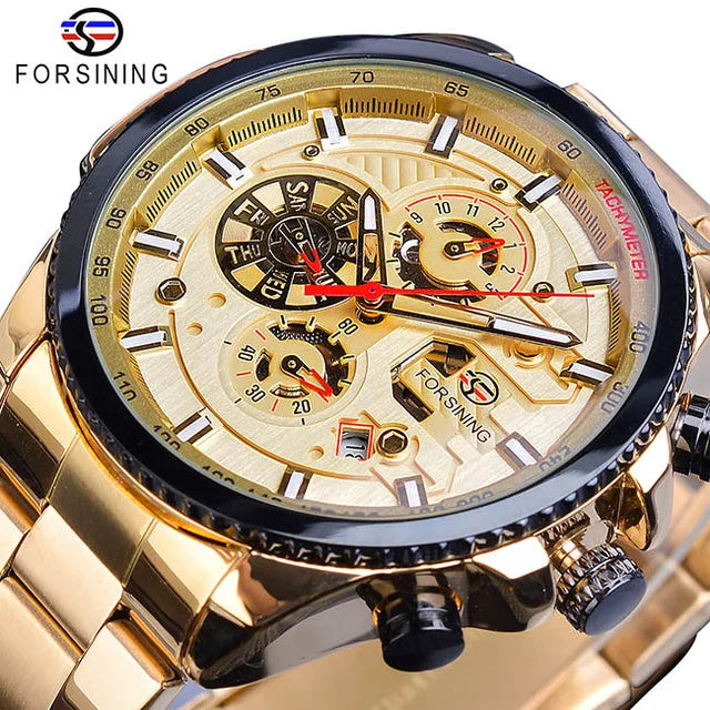 Top Clock Forsining Three Eye Six Needle Calendar Steel Band Men Mechanical Automatic Wristwatches Waterproof Sport Man Clock