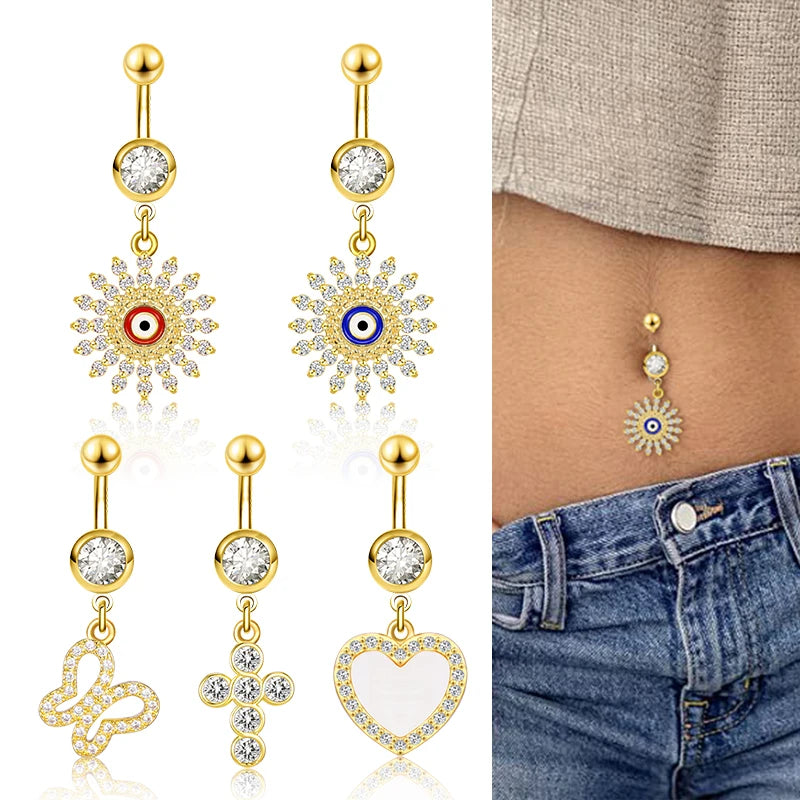 POENNIS Women's Sexy Navel Ring with Zircon Wedding Belly Ring Jewelry Stainless Steel Gold Plated