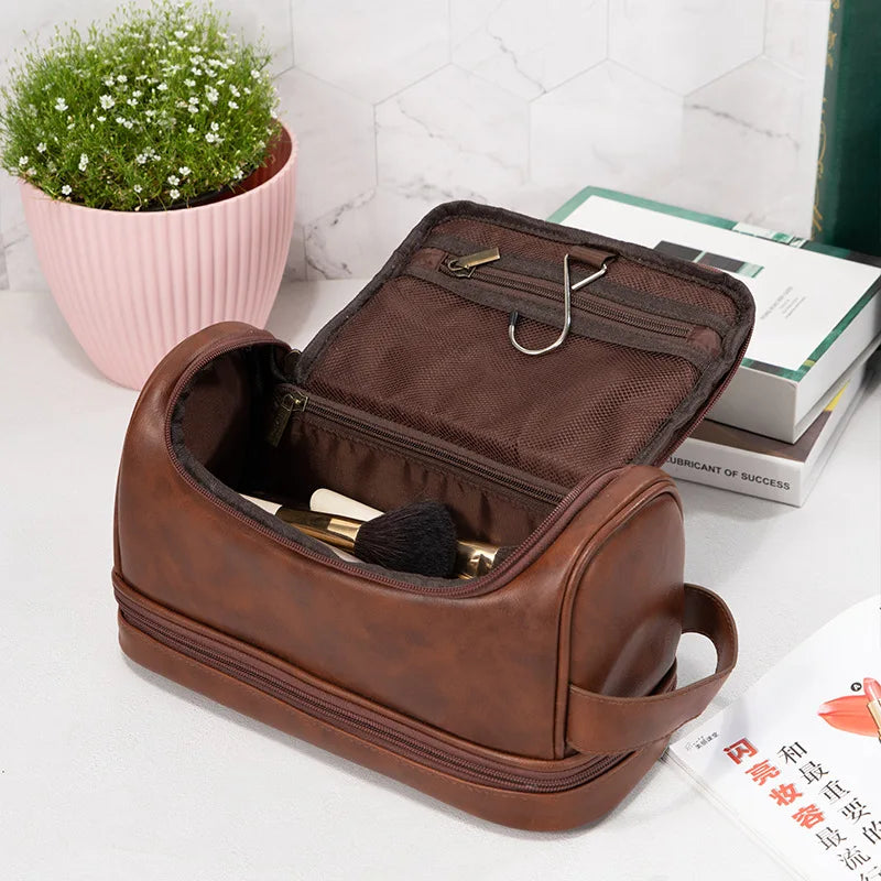Unisex Simple PU Leather Toiletry Bag Zipper Convenient Hand Cosmetic Bag Featuring Fashionable Letter Hook Unisex Convenient