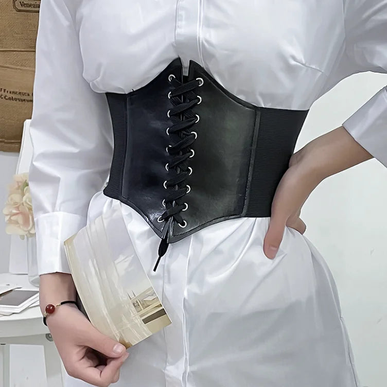 Adjustable Black Corset Waist Belt for Women Elastic Leather Waist Band Belts Wide Elastic Tie Waspie Belt for Dresses 4.7inch