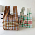 New Fashion Retro Plaid Knitted Tote Bag Ladies Travel and Shopping Handbag for Women