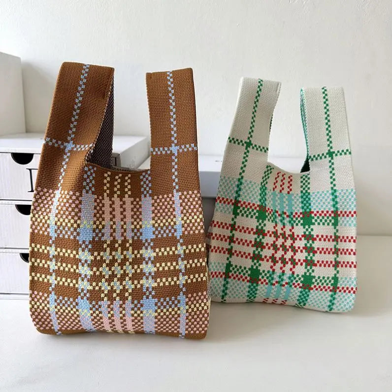 New Fashion Retro Plaid Knitted Tote Bag Ladies Travel and Shopping Handbag for Women