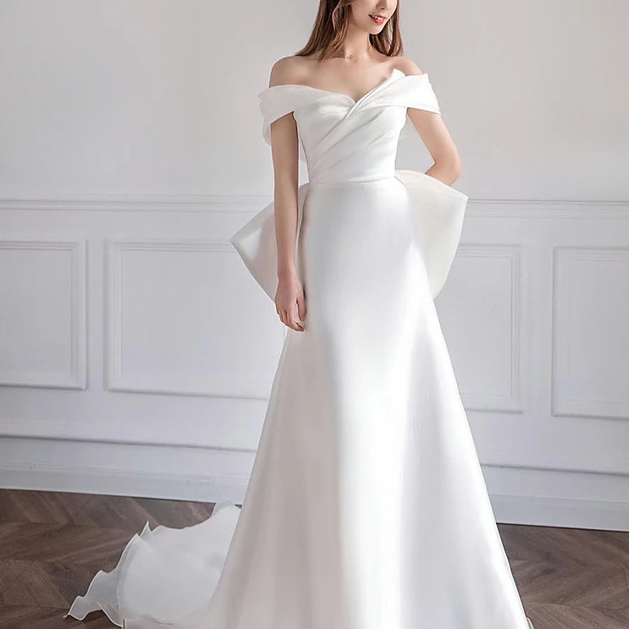 S069Q Super fairy Dream Simple Veil One-shoulder Wedding Dress Bride Slim Fishtail Master Wedding Dress