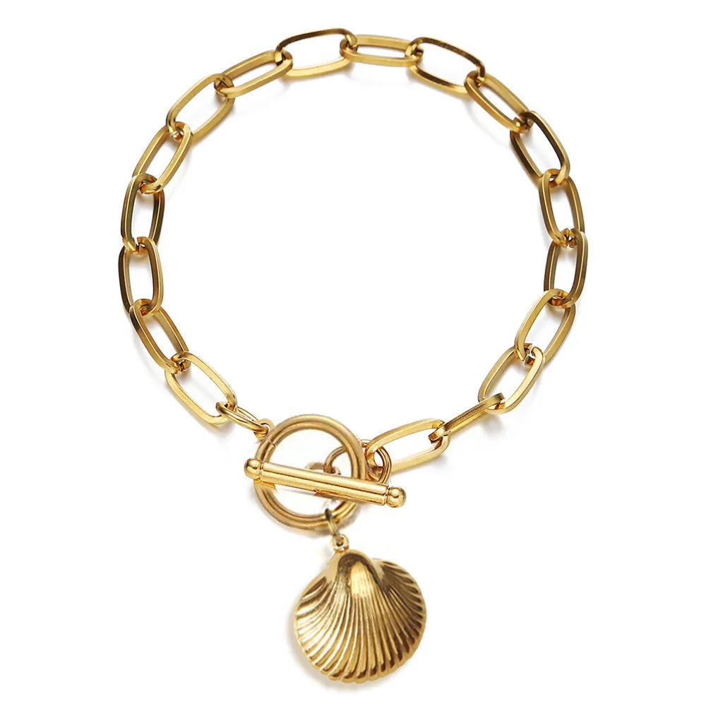 Paperclip Chain Jewelry Women Style 18K Gold Plated High Polish Trendy Fashion Stainless Steel Shell Bracelet Toggle Clasp