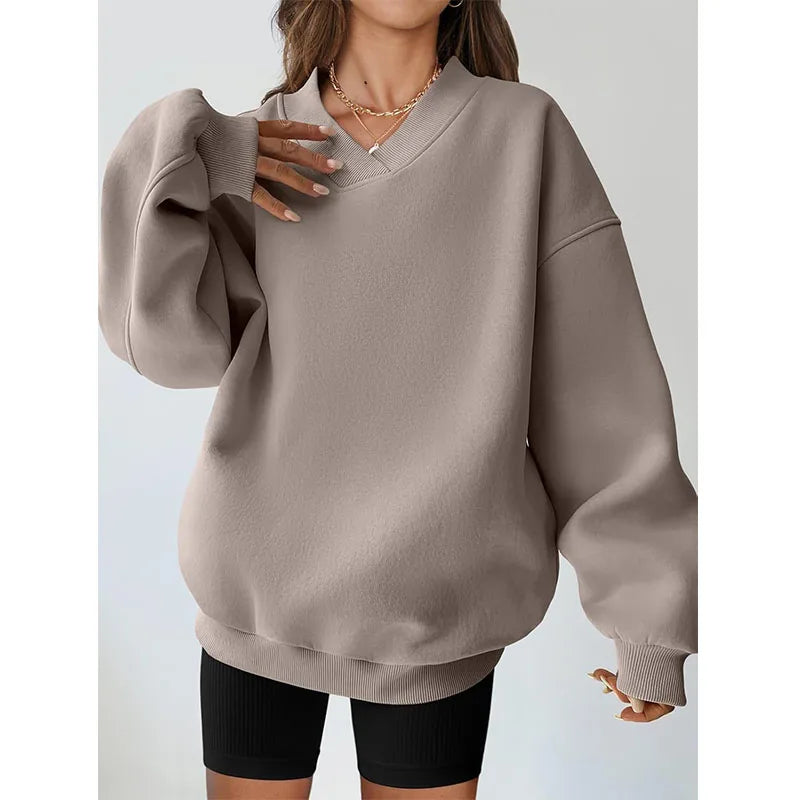Women's Loose V-Neck Pullover Hoodie Long-Sleeved Sweatshirt Breathable Sweater for Spring Custom Logo
