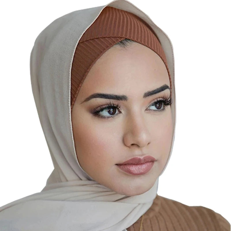 Islamic Female Stretchy Inner Hijabs Under Scarf Cap Tube Turban Bonnet Muslim Women Underscarf Ribbed Cross Inner Hijab Caps