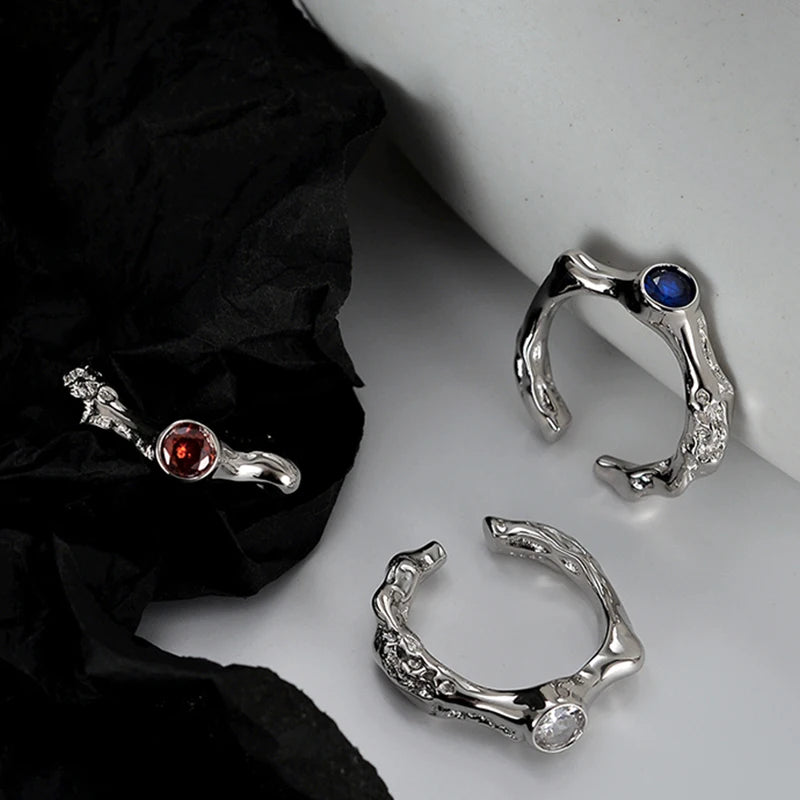 ICEBELA Jewelry Niche Design S925 Sterling Silver Texture Gemstone Ring White Gold Open Index Finger Ring