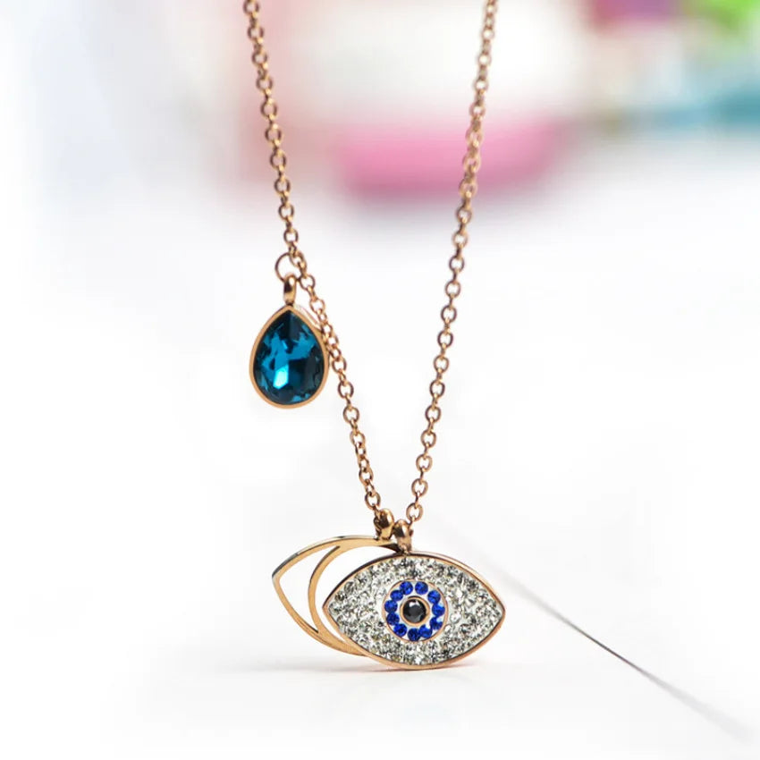 Simple Design Gold Plating Cz Evil Eyes Pendant Necklace Stainless Steel Full Crystal Rhinestone Turkish Evil Eyes Necklace