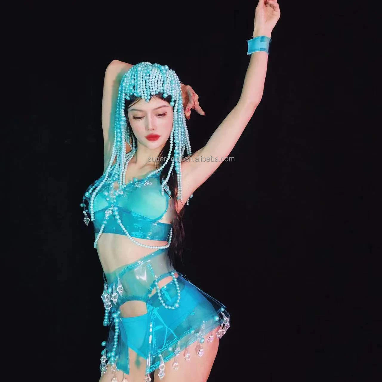 Luxury Crystal Diamond Spliced Dress Club Adults Party Singer Club Stage Dance Costume Sexy Blue Bikiki Gogo Show Wear