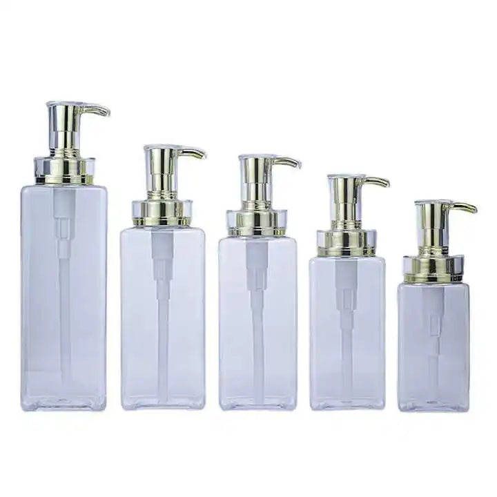 300ML 500ML PET ECO-Friendly Luxury Gold Cosmetic Pump Bottle Clear White Empty Cosmetic Square PET Shampoo Bottle