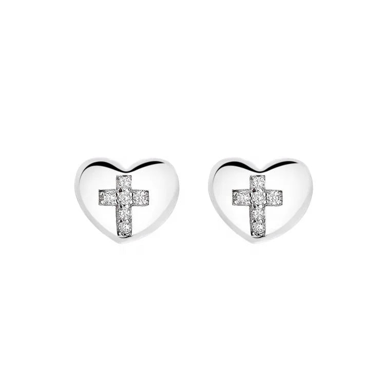Real Silver 925 Minimalist Heart Earrings With Cross Multi Color Stones Ear Studs for Kids