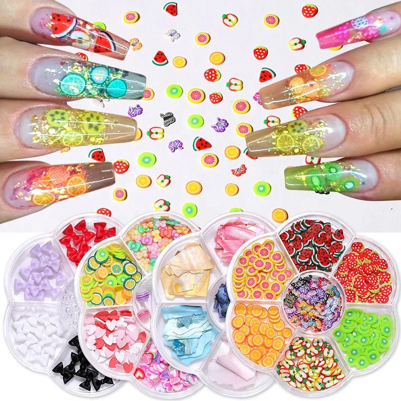 7 Grids Nail Accessories Bowknot Fruit Art Patch Box Magic Pearl Shell Mixed DIY 3D Nail Charms