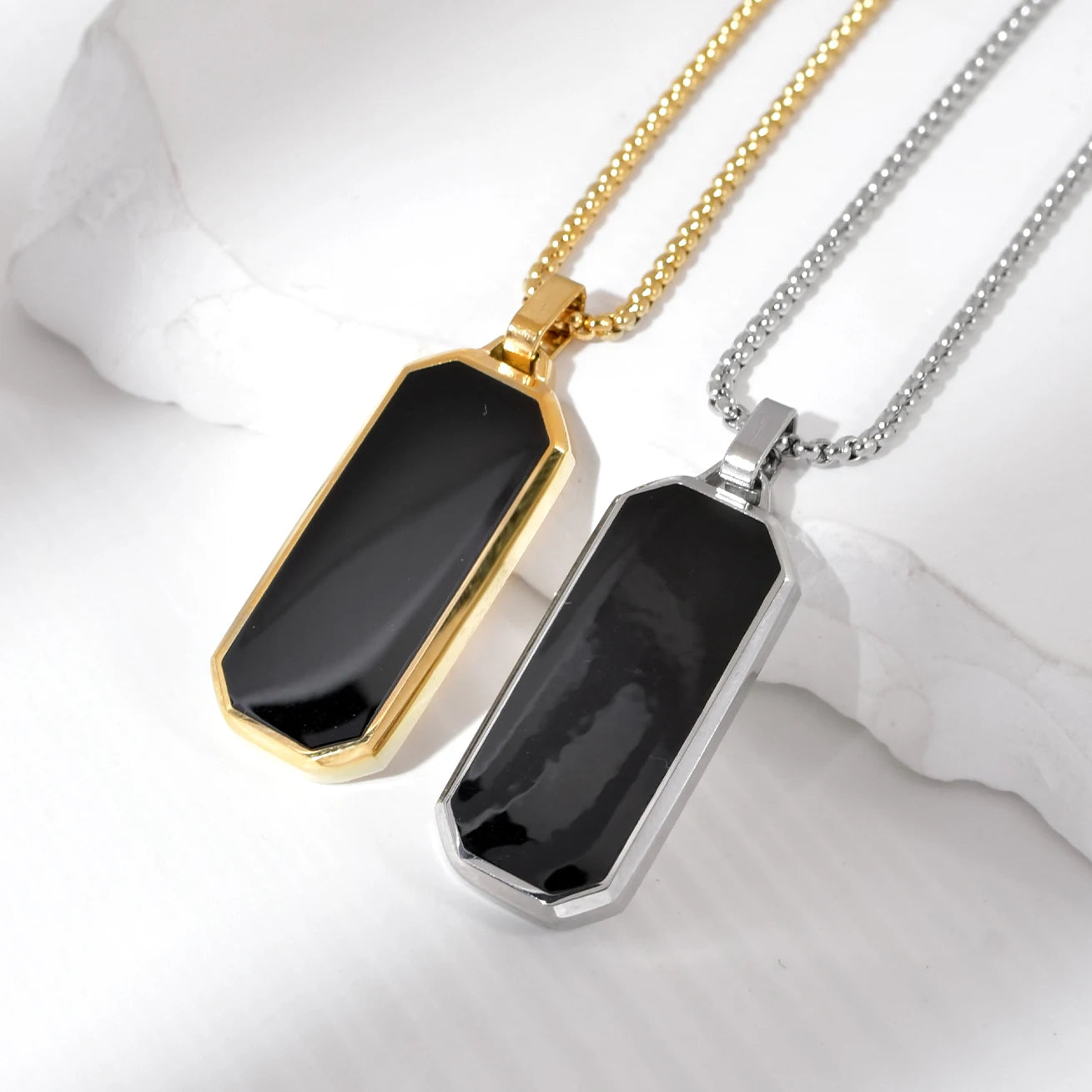 Trendy Black Rectangle Necklace 35mm Stainless Steel Turquoise Onyx Enamel Square Stone Necklace with Box Chain