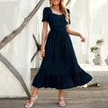 Clothing Factory Wholesale Custom Summer Women Simple Elegant Solid Vintage Beam Waist Slim a Line Lady Long Casual Dresses