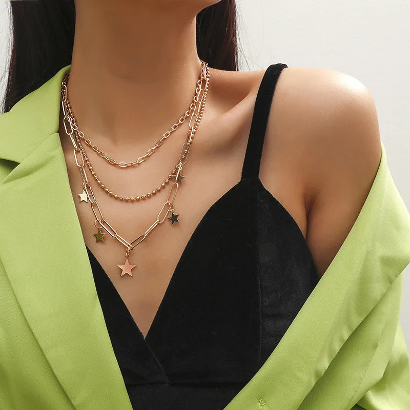 HOVANCI3 2021 New Arrival  Fashion Necklace Jewelry Charm Gold Layered Star Chain Choker for Women Accessories