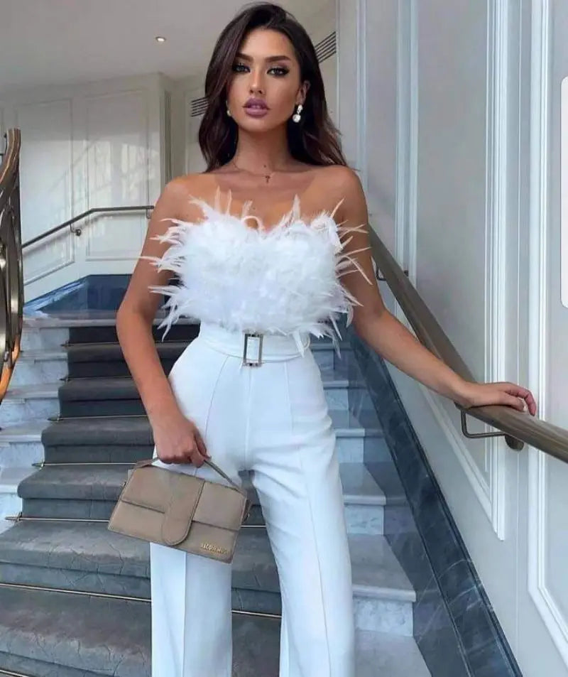Liu Ming Fashionable Sexy Strapless Feather Playsuit High Waist Romper Womens Jumpsuit