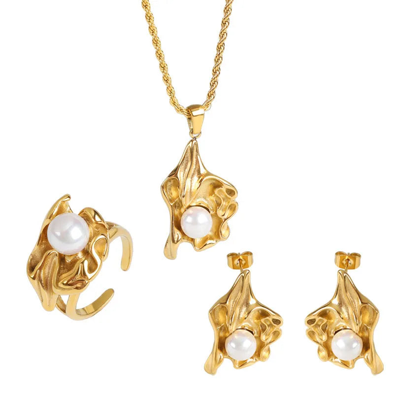 Wholesale Tarnish Free 18K Gold Plated Stainless Steel Jewelry Set Geometrical Freshwater Necklaces for Women