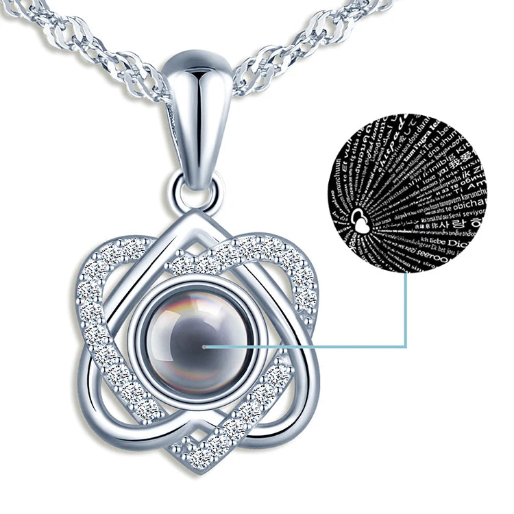 Silver Double Heart Necklace Hollow 925 Sterling Silver 100 Languages I Love You Projection Necklace