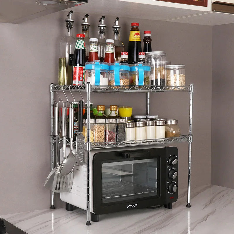Dual-Tier Foldable Stainless Steel Microwave Rack Kitchen Storage Multipurpose Oven Shelf