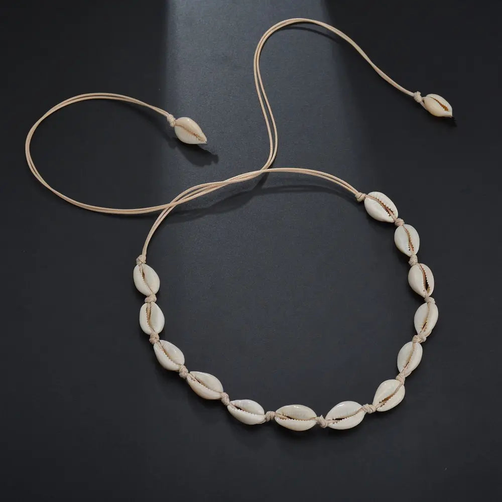 Hawaii Summer Beach Jewelry White Woven Rope Chain Sea Cowrie Shell Necklace Natural Puka Shell Necklace for Women