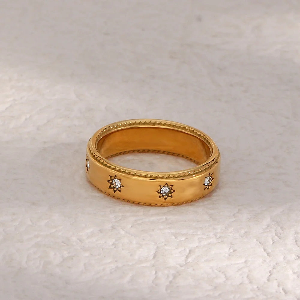Drop Ship Vintage Star Shape Zircon Rings 18K Gold Plated Stainless Steel Rings Women Jewelry