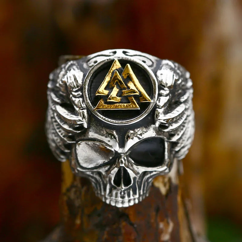Nordic Viking Triangle 316L Stainless Steel Ring 18K Gold Plating Vintage Punk Skull Titanium Steel Ring Hand Jewelry Wedding