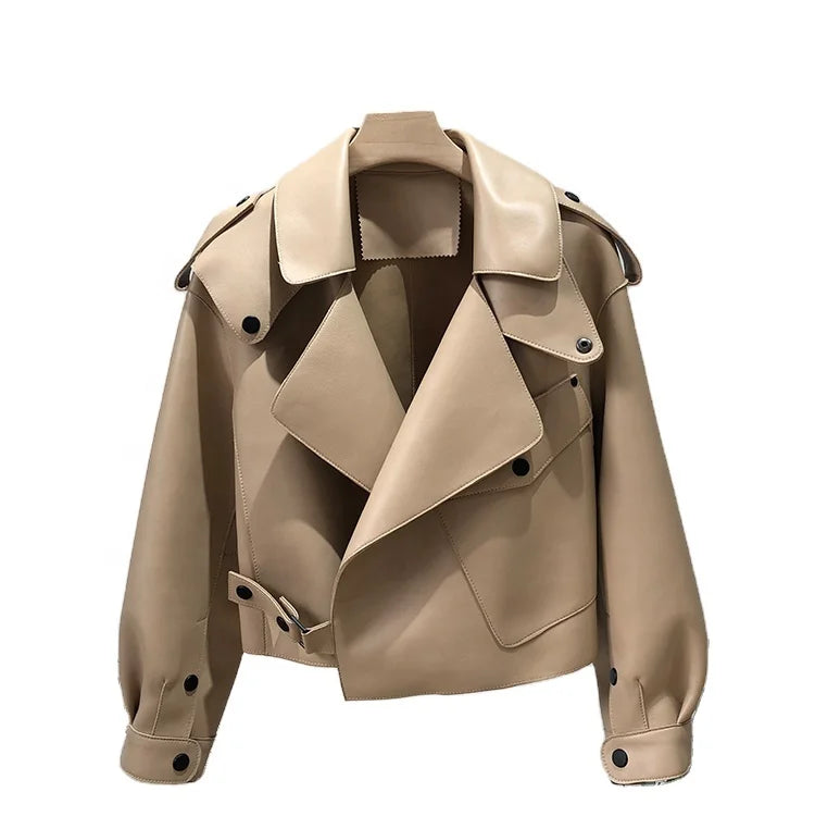 QC20003 Women's New Brand Vintage Belt Genuine Leather Oversized Streetwear Casual Jacket