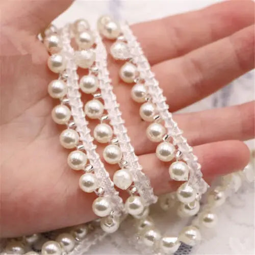 1 Yard Vintage Pearl Beaded Lace Edge Trim Ribbon Wedding Dress Applique DIY Sewing Craft