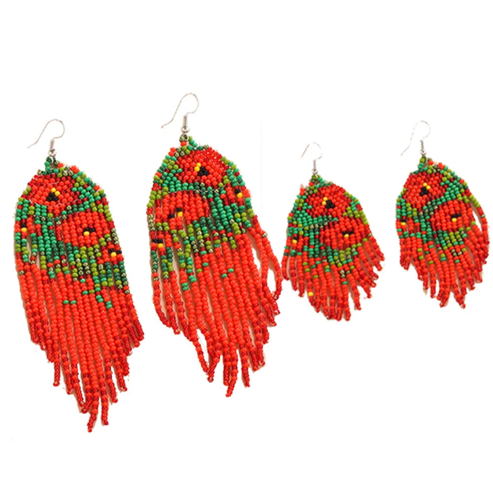 Boho Red Glass Seed Beads Beaded Tassel Fringe Earrings Long Tassel Drop Earring for Women