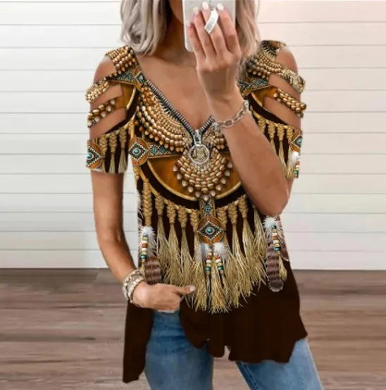 Wholesale 2025 Vintage Cowgirl Zip-up V-Neck Tee Tops Short Sleeve T-Shirts for Women Print Pattern Summer Fashion