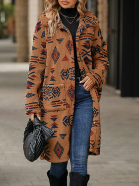 2026 Vintage Aztec Print Midi Long Button Down Fleece Jacket for Women Soft Warm Coats Outwear Spring Wholesale