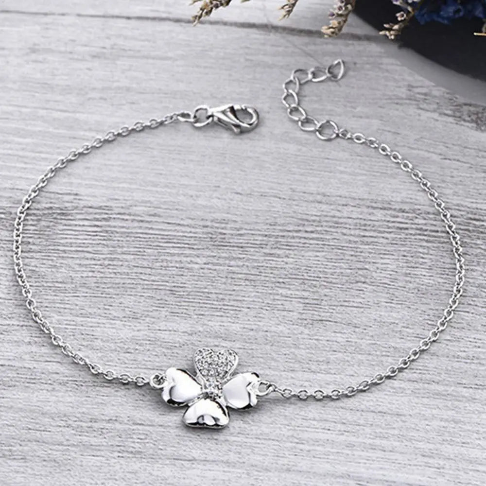 925 Sterling Silver Women Adjustable Rhodium Plating Four Clover Shape Chain Bracelet Flower Charm Bracelet