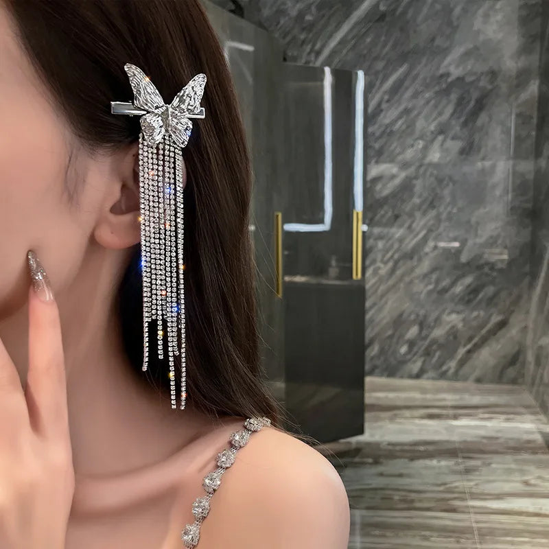 SC Wholesale Korean Mental Diamond Hairpin Gift Stylish Shiny Tassel Hairpin Fashion Gold Silver Butterfly Hairpin for Girls