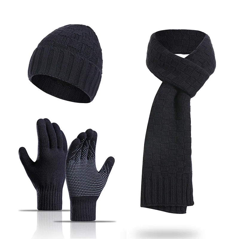Landfond Accessory Winter Check Jacquard Knitting Hat Fashion Warm Scarf Gloves Set