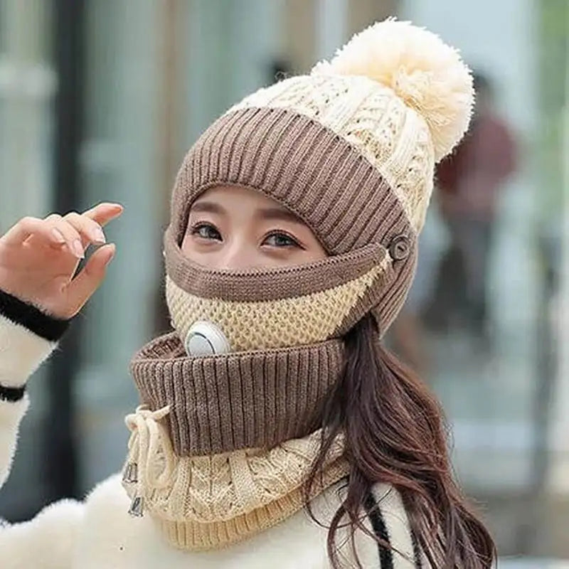 Factory Custom 3 Pieces/set Women's Winter Thickened Knitted Hat Warm Face Mask Neck Scarf