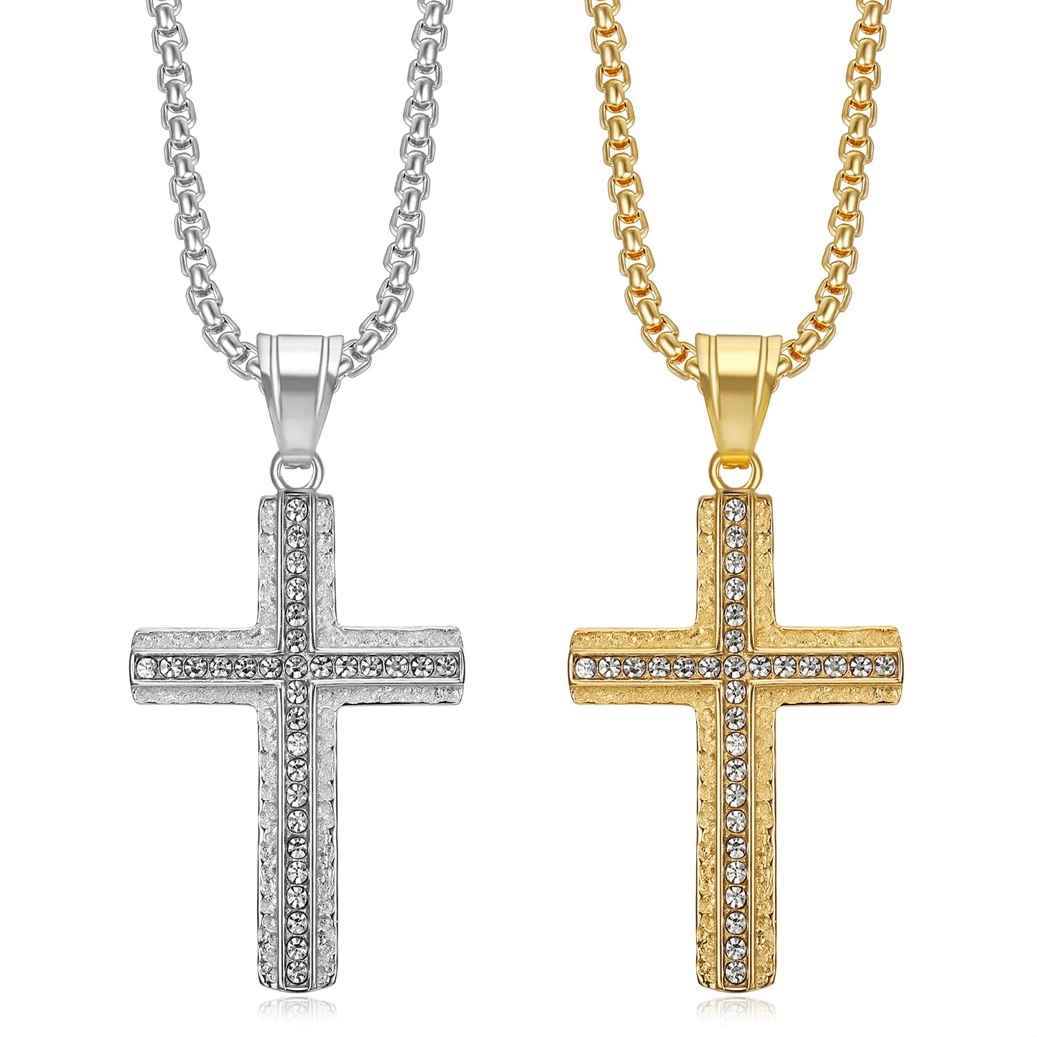 Hip Hop Style Gold-Plated Stainless Steel Cross Pendant Cubic Zirconia Men's Party Necklace Fashionable Jewelry Pear Diamond