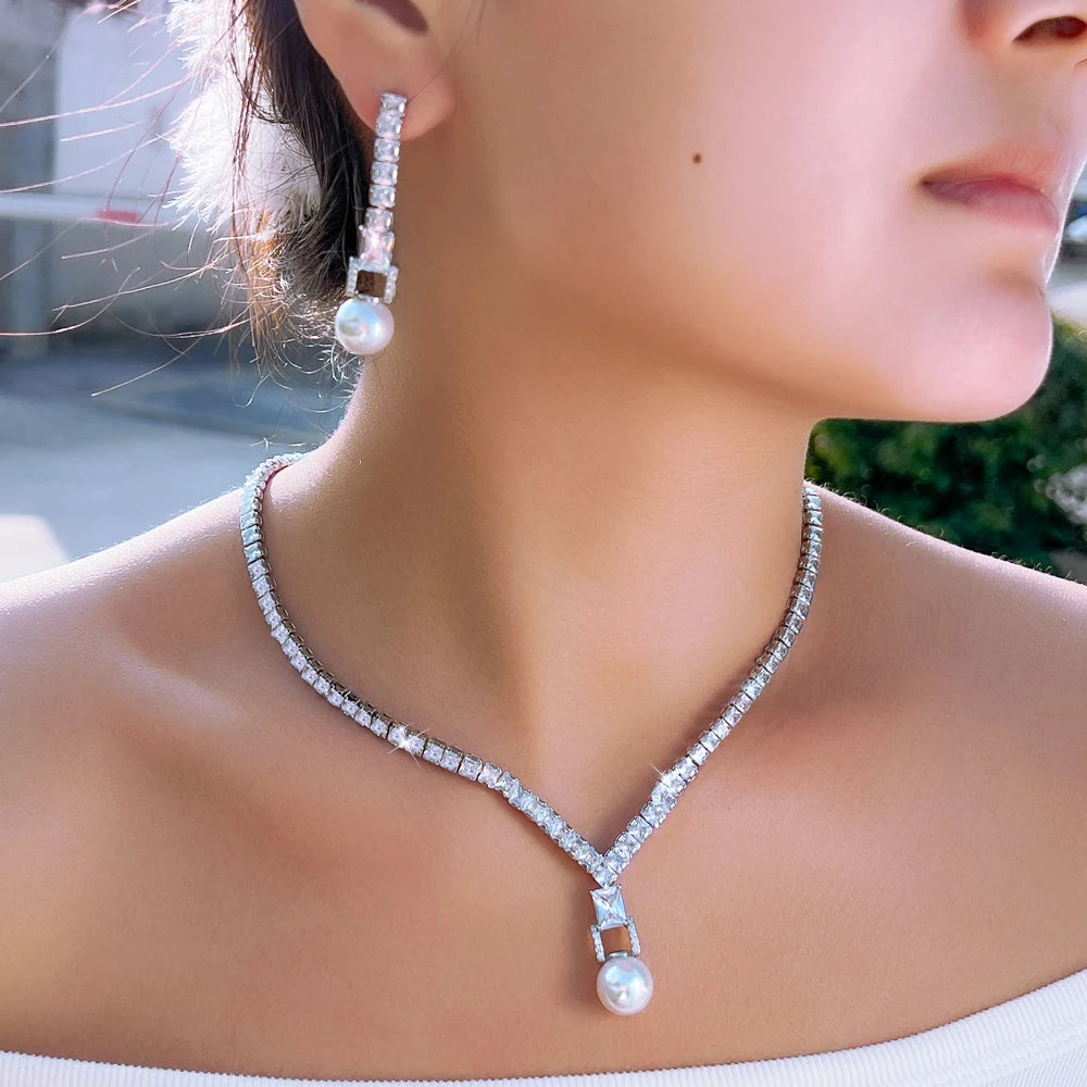 Shiny Square Cubic Zircon Bridal Wedding Big Pearl Necklace and Earrings Evening Dinner Party Costume Jewelry Sets for Women