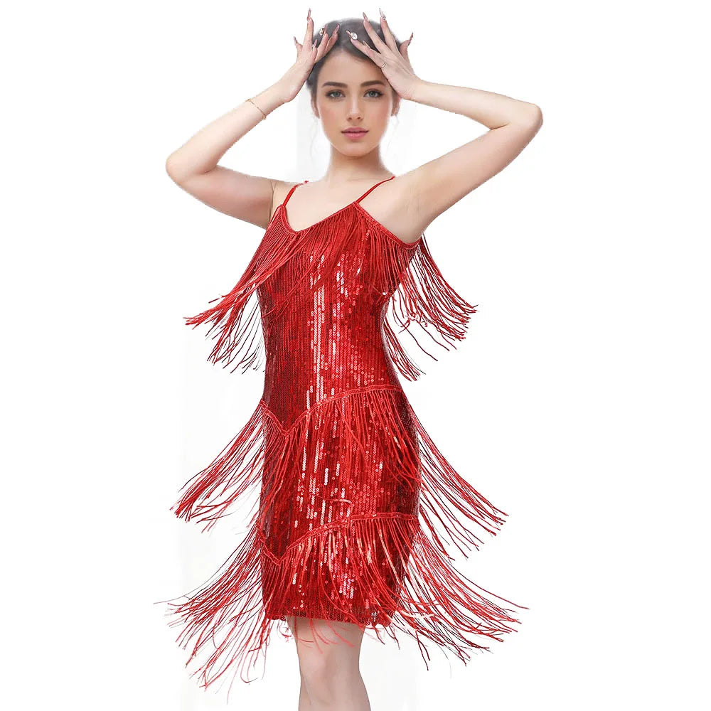 Women's Shiny Sequin Fringe  Halter Long Latin Jazz  Performance Dresses for Club bar Party Dance Costume Wear
